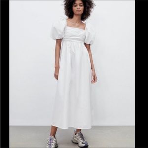 ZARA Poplin Puff White Midi Maxi Dress Size M